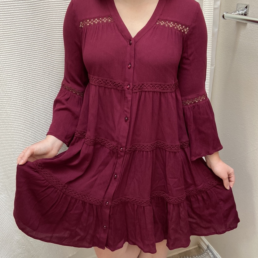 NWT Women’s Knox Rose Bohemian wine red flowy long-sleeved dress. Size small. - Picture 5 of 16